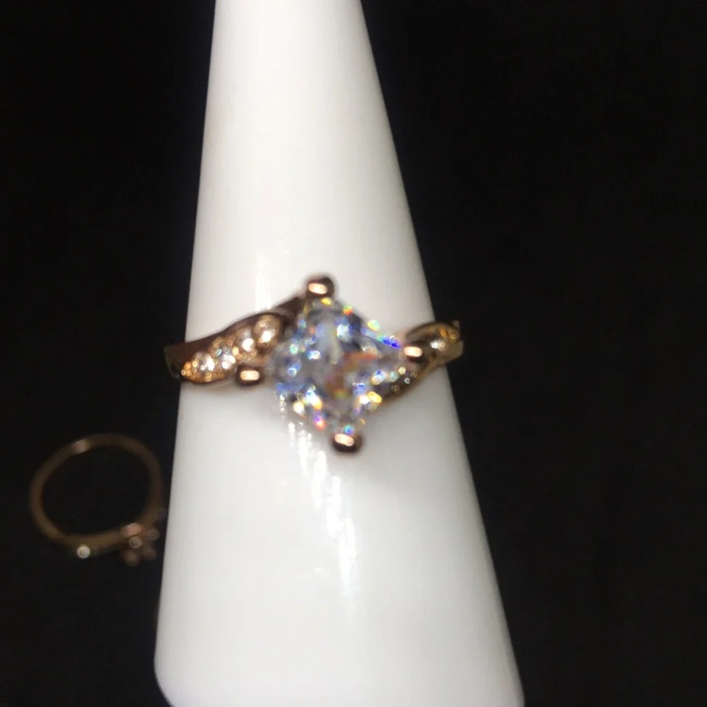 Rose Gold 3pc Engagement Ring & 2 Wedding Bands Set with Diamond Sterling Silver